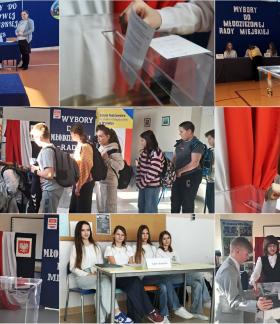 Kolaż ośmiu zdjęć przedstawiających szkolne wybory do Młodzieżowej Rady Miejskiej w Drzewicy