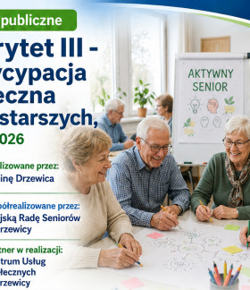Grafika informacyjna zadania publicznego Priorytet III – Partycypacja społeczna osób starszych, edycja 2026. Przedstawia grupę uśmiechniętych seniorów pracujących przy stole oraz podmioty odpowiedzialne za realizację projektu w Gminie Drzewica