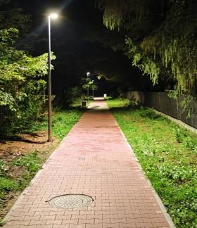 Oświetlona latarnią prosta alejka spacerowa z czerwonej kostki brukowej z widoczną studzienką kanalizacyjną. Na dole okrągły, metalowy właz studzienki kanalizacyjnej. Ścieżkę oświetla latarnia po lewej stronie pośród gęstych drzew i krzewów. Po prawej stronie trawnik oraz drewniany płot.