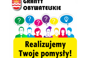 Herb Gminy Drzewica, napis granty obywatelskie, grupka ludzi z napisem realizujemy Twoje pomysły