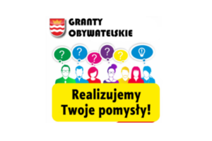 Herb Gminy Drzewica, napis granty obywatelskie, grupka ludzi z napisem realizujemy Twoje pomysły