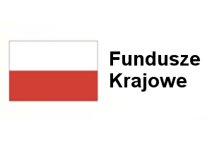 Flaga biało czerwona i napis Fundusze Krajowe