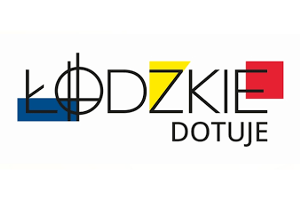 Napis Łódzkie dotuje granatowy prostokąt w lewym dolnym rogu, pośrodku żółty trójkąt oraz w górnym prawym rogu czerwony kwadrat