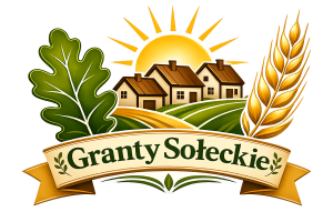: Logo „Granty Sołeckie” przedstawia stylizowany krajobraz wiejski. W centralnej części trzy domy na tle wschodzącego słońca i zielonych pól. Po lewej stronie duży zielony liść dębu, a po prawej złoty kłos zboża. U dołu jasna wstęgę z napisem „Granty Sołeckie” w ciemnozielonym kolorze. Całość utrzymana w kolorystyce zieleni, złota i brązu.