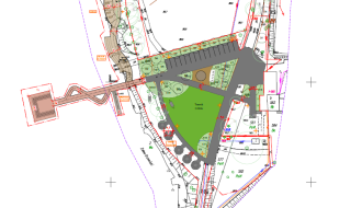  Kolorowy projekt zagospodarowania terenu nad Zalewem Drzewickim od strony Domku Wędkarza, przedstawiający układ ciągów pieszo-jezdnych, miejsc parkingowych, zieleni oraz pomostu rekreacyjnego.