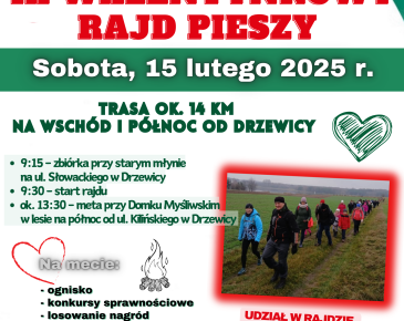 Plakat informujący o IX Walentynkowym rajdzie pieszym