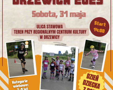 Grafika z napisami: Burmistrz Drzewicy Janusz Reszelewski zaprasza na IV Roller Cup „Drzewica 2025” - Sobota, 31 maja - Ulica Stawowa - Teren przy Regionalnym Centrum Kultury w Drzewicy - www.drzewica.pl – Start 14:00. Loga organizatorów. Zdjęcie jadącej na rolkach zawodniczki.