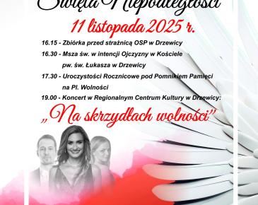  Plakat z zaproszeniem na gminne obchody Narodowego Święta Niepodległości, m.in. program obchodów, zdjęcia trojga artystów. Tło białe i czerwone, po prawej stronie białe pióra ze skrzydła orła