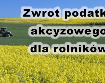 W tle ciągnik rolniczy i łany polne oraz napis Zwrot podatku akcyzowego dla rolników