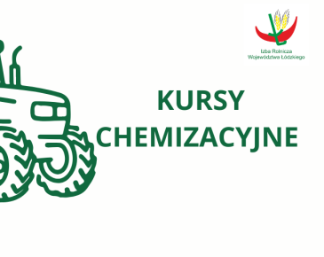 Po lewej stronie znajduje się zielony, liniowy rysunek ciągnika rolniczego. Po prawej stronie umieszczony jest napis dużymi, zielonymi literami: „KURSY CHEMIZACYJNE”. W prawym górnym rogu znajduje się logo z kłosem zboża i czerwonym elementem graficznym oraz napis: „Izba Rolnicza Województwa Łódzkiego”.