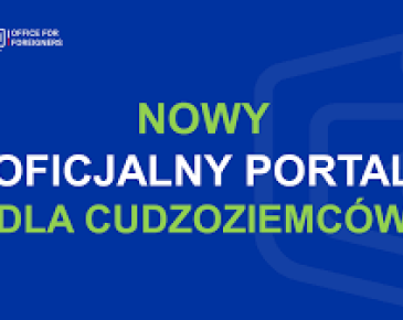 Napis na niebieskim tle Nowy oficjalny portal dla cudzoziemców