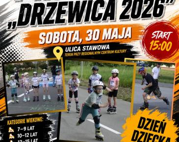 Plakat promujący amatorskie zawody rolkowe „V Roller Cup Drzewica 2025”. Wydarzenie odbędzie się w sobotę, 30 maja o godz. 15:00 przy ul. Stawowej w Drzewicy, obok Regionalnego Centrum Kultury. Na plakacie znajdują się zdjęcia dzieci i dorosłych jadących na rolkach oraz informacje o kategoriach wiekowych i zapisach online. Motyw graficzny utrzymany jest w dynamicznych kolorach czerwieni, czerni i pomarańczu.