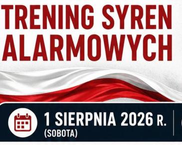 Plakat informujący o treningu syren alarmowych z okazji 82. rocznicy Powstania Warszawskiego. Na grafice widoczna jest biało-czerwona flaga, sylwetka powstańca oraz informacje: 1 sierpnia 2026 r. (sobota), godz. 17:00. Dominują kolory biały, czerwony i czarny.