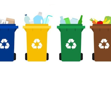 Cztery kolorowe pojemniki do segregacji odpadów: na papier, plastik, szkło i bioodpady, z przykładową zawartością