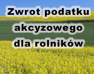 W tle ciągnik rolniczy i łany polne oraz napis Zwrot podatku akcyzowego dla rolników