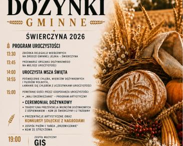 Plakat zapraszający na XXII Dożynki Gminne w Świerczynie, które odbędą się w niedzielę, 23 sierpnia 2026 roku. Na plakacie znajduje się szczegółowy harmonogram wydarzenia, wykaz wykonawców oraz elementy graficzne z kłosami zbóż i chlebem.