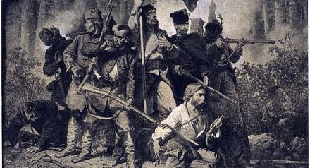 Obraz "Bitwa" z cyklu "Polonia" Artura Grottgera. Powstańcy w lesie otoczeni bronią się ramię w ramię.