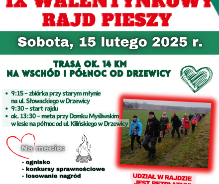 Plakat informujący o IX Walentynkowym rajdzie pieszym