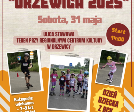 Grafika z napisami: Burmistrz Drzewicy Janusz Reszelewski zaprasza na IV Roller Cup „Drzewica 2025” - Sobota, 31 maja - Ulica Stawowa - Teren przy Regionalnym Centrum Kultury w Drzewicy - www.drzewica.pl – Start 14:00. Loga organizatorów. Zdjęcie jadącej na rolkach zawodniczki.