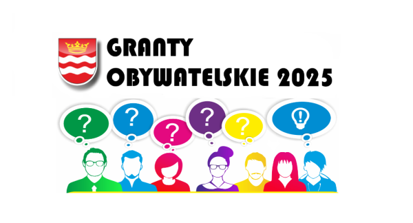 Na górze napis ''Granty Obywatelskie 2025'', na dole grafika z konturami postaci ludzi i znakami zapytania