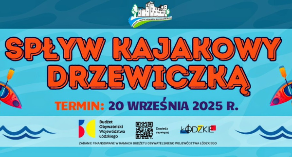 Na tle w różnych odcieniach niebieskiego nazwa i termin spływu, logo LGD, po dwie małe grafiki kajaków i fal oraz informacja o dofinansowaniu z Budżetu Obywatelskiego WŁ