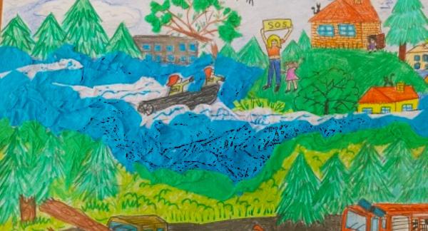 Plakat przedstawiający akcje ratownicze z udziałem strażaków OSP podczas powodzi i usuwania z drogi powalonego drzewa