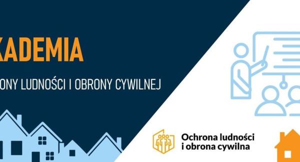 Baner Akademii Ochrony Ludności i Obrony Cywilnej z ilustracją domów, osób podczas szkolenia oraz logo instytucji.