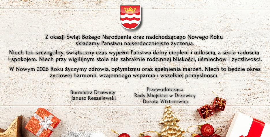 Na górze herb gminy, życzenia świąteczne Burmistrza Drzewicy i Przewodniczącej Rady na dole ozdoby świąteczne